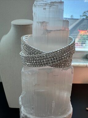 Crystal-Embellished Silver-Tone Cuff Bracelet for Women